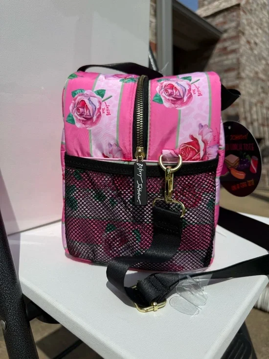 NWT Betsey Johnson Large Size Pink Rose Stripe Insulated Lunch Tote - Picture 3 of 9